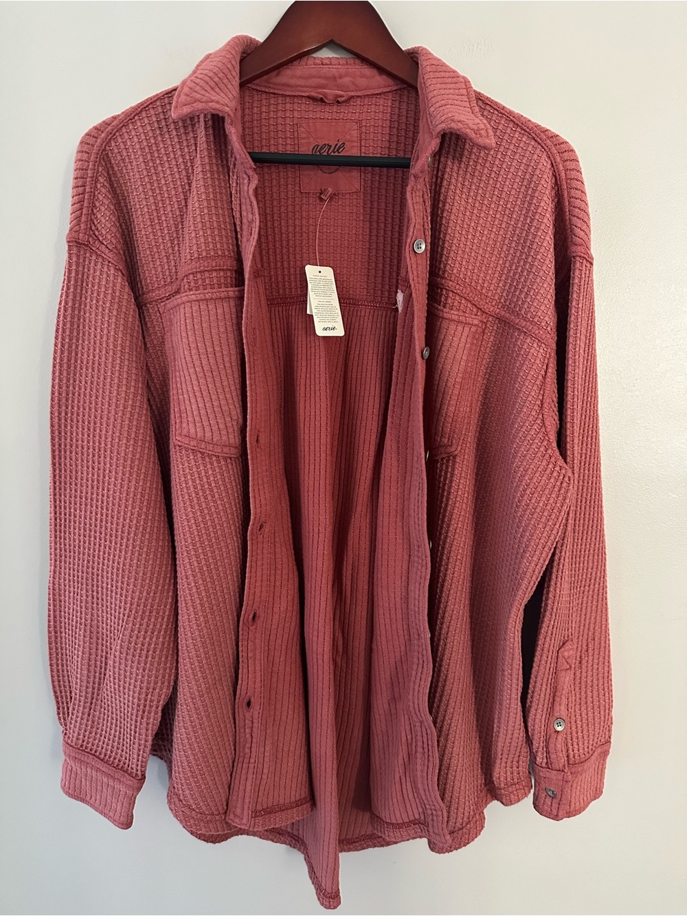 aerie Waffle-Knit Button-Down Oversized Shirt Jacket — Clay Red